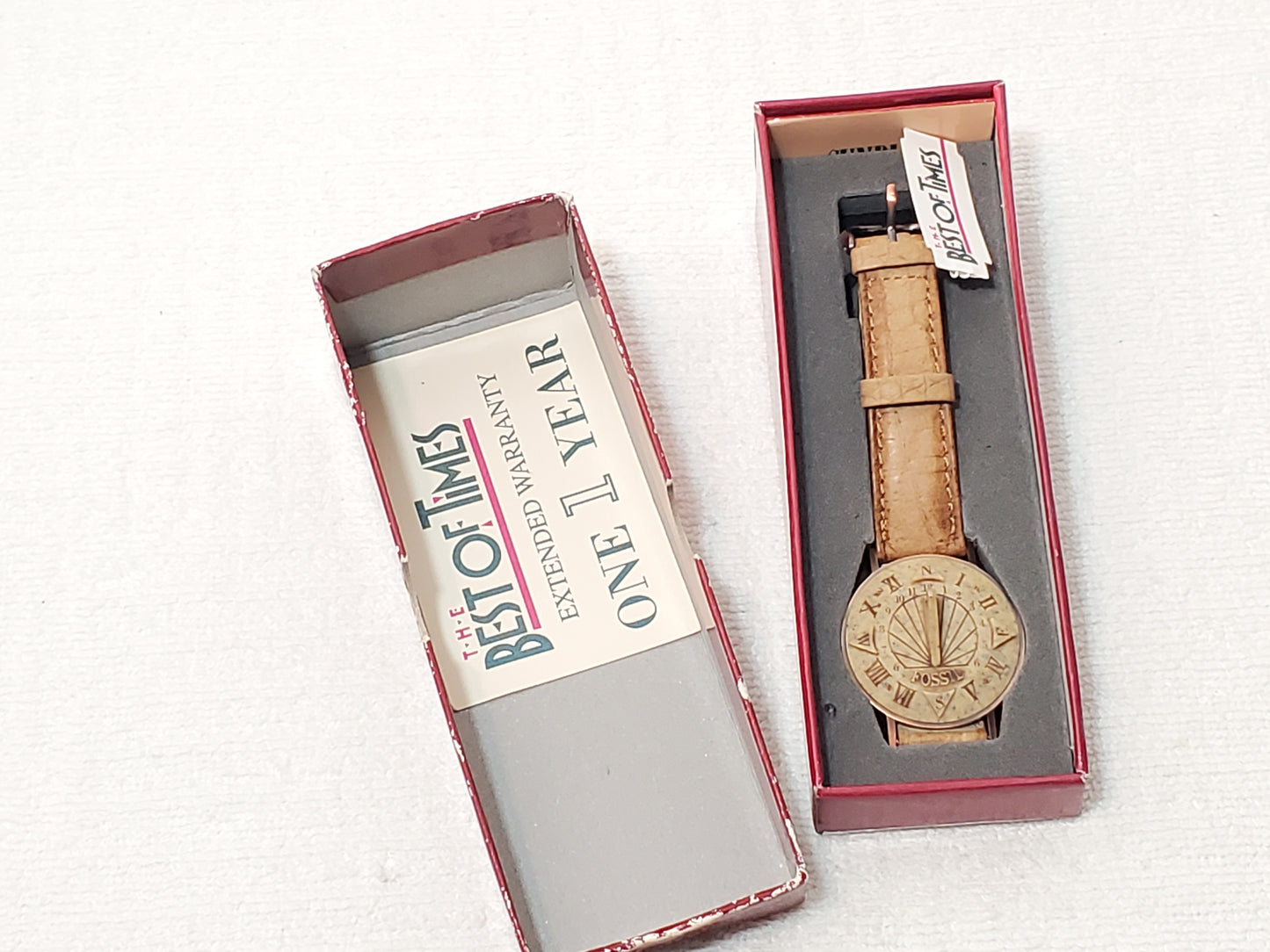 Vintage Fossil Sundial Watch Leather Strap Copper Case Stone Face S Steel Unisex