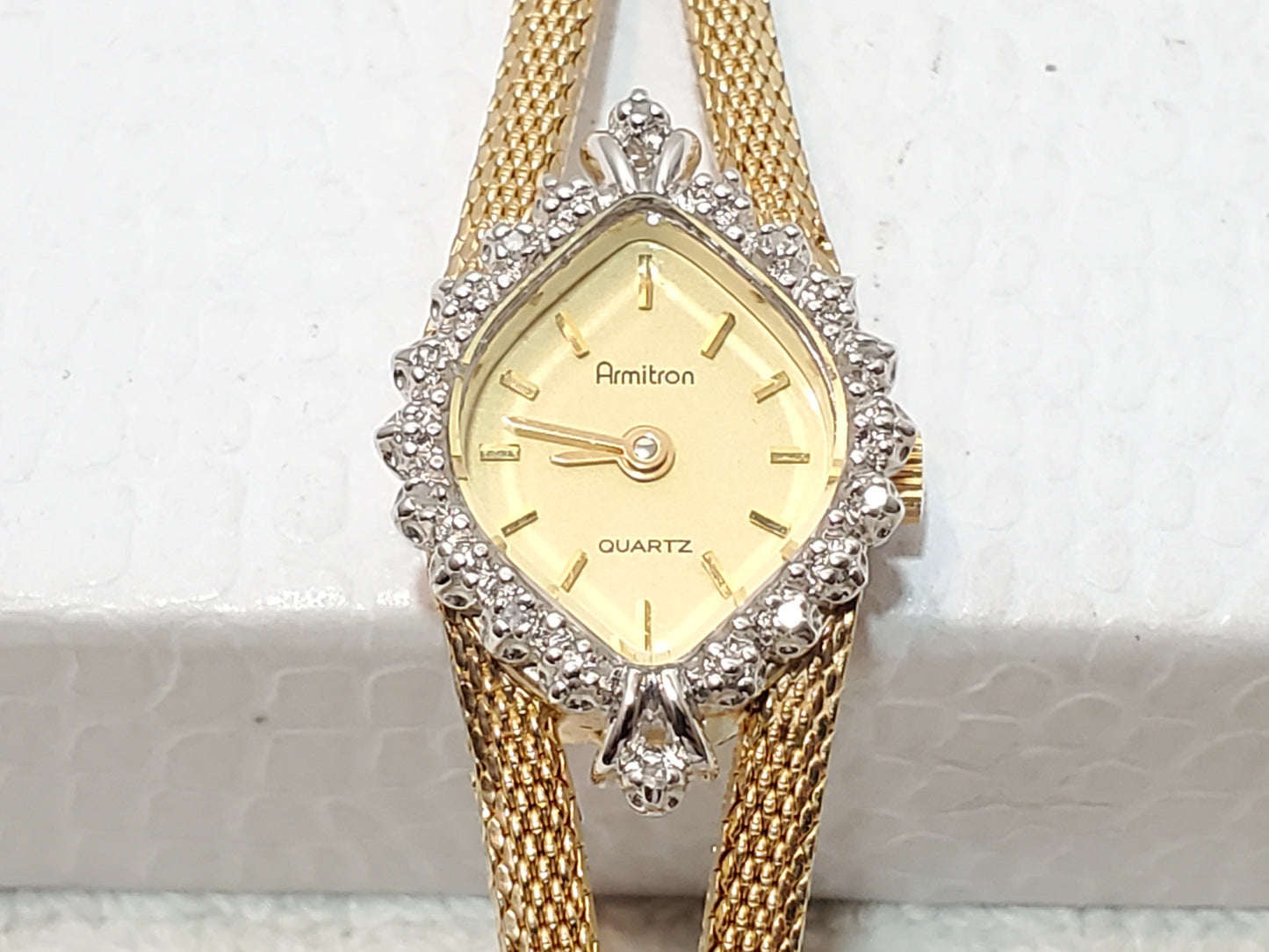 Vintage Armitron Women's Gold Plated Diamonds Bezel Watch Mesh Band One Jewel