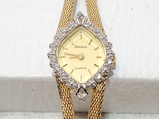 Vintage Armitron Women's Gold Plated Diamonds Bezel Watch Mesh Band One Jewel