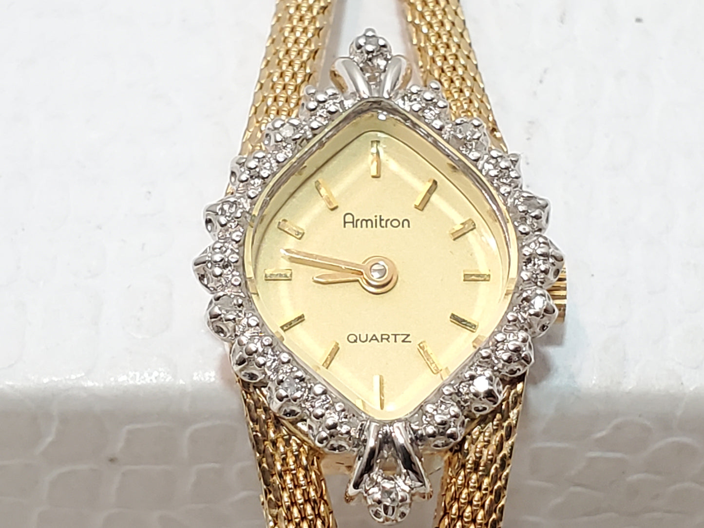 Vintage Armitron Women's Gold Plated Diamonds Bezel Watch Mesh Band One Jewel