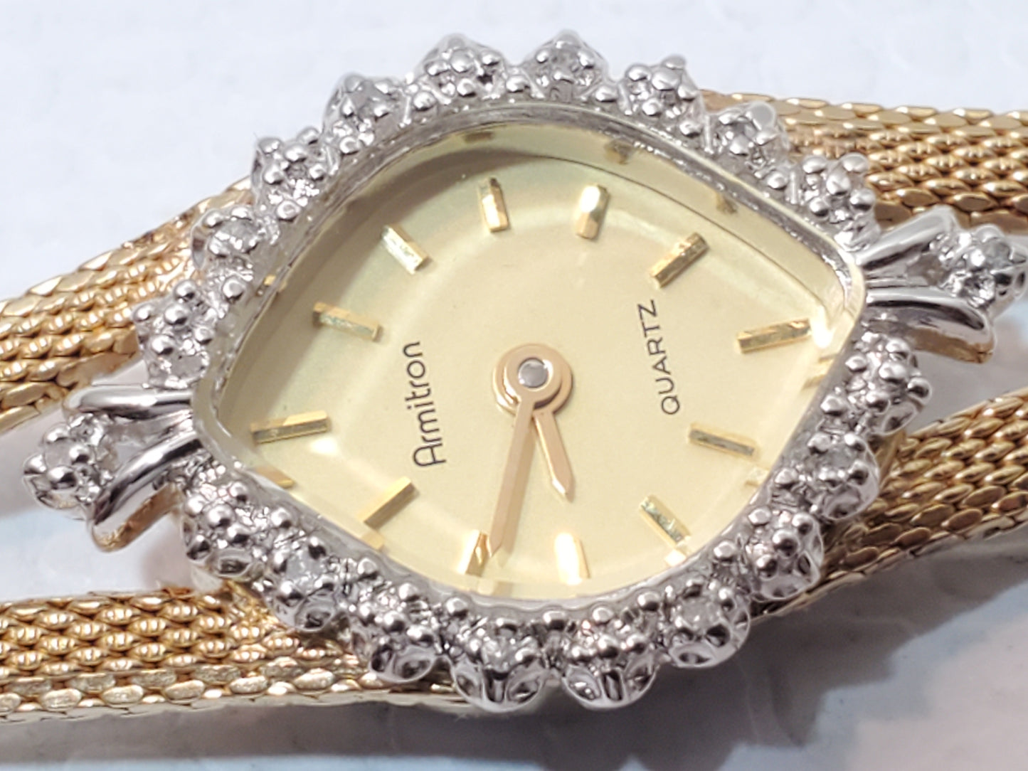 Vintage Armitron Women's Gold Plated Diamonds Bezel Watch Mesh Band One Jewel