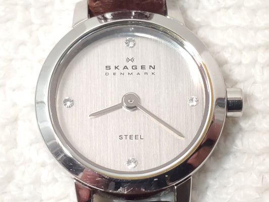 Skagen Denmark Steel Women's Petite Watch Silver Dial Crystals Leather Strap