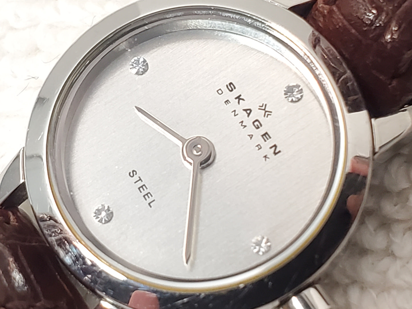 Skagen Denmark Steel Women's Petite Watch Silver Dial Crystals Leather Strap