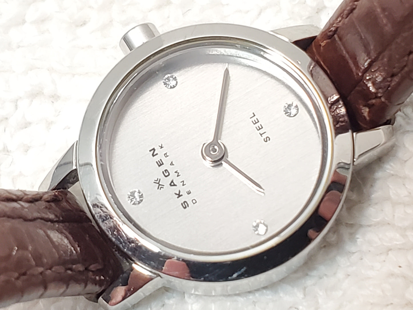 Skagen Denmark Steel Women's Petite Watch Silver Dial Crystals Leather Strap
