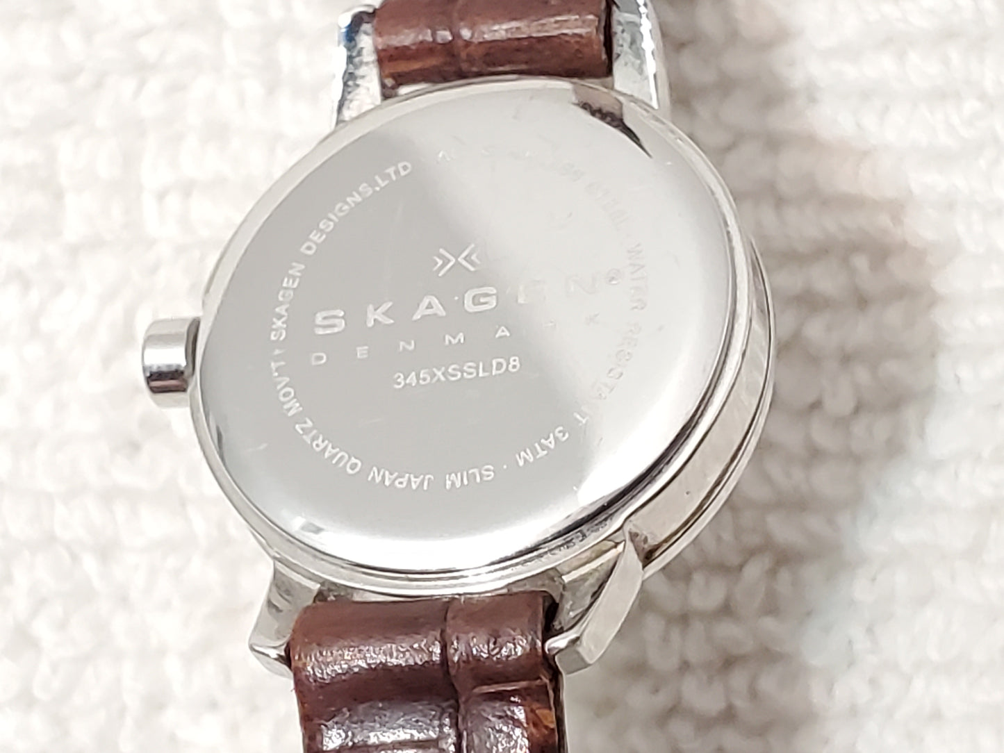 Skagen Denmark Steel Women's Petite Watch Silver Dial Crystals Leather Strap