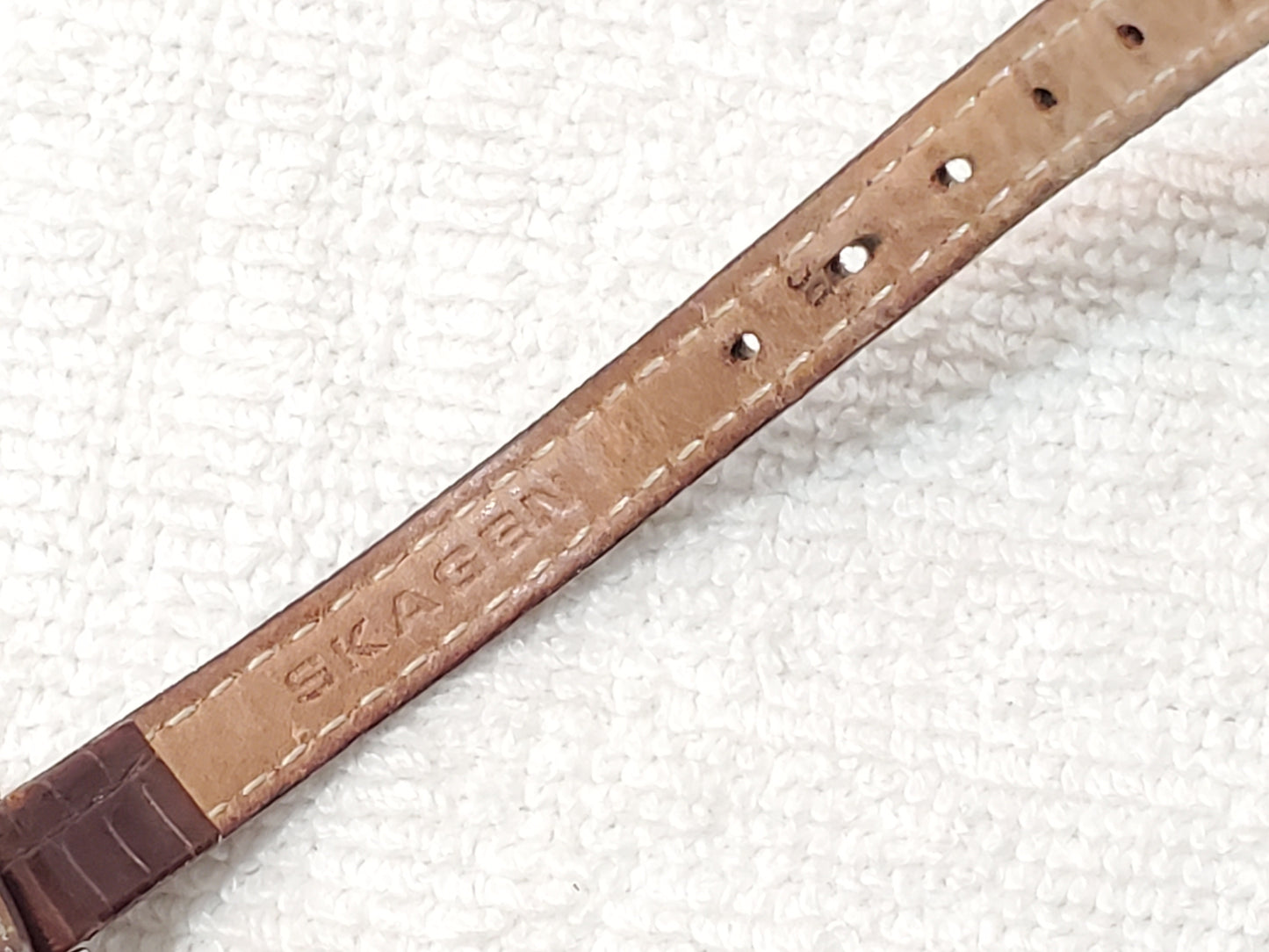 Skagen Denmark Steel Women's Petite Watch Silver Dial Crystals Leather Strap