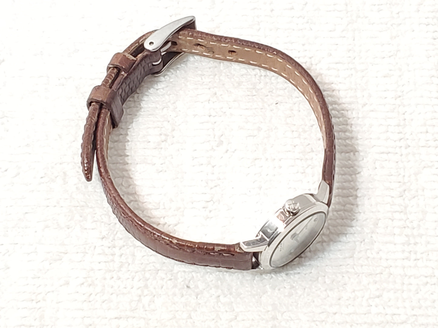 Skagen Denmark Steel Women's Petite Watch Silver Dial Crystals Leather Strap