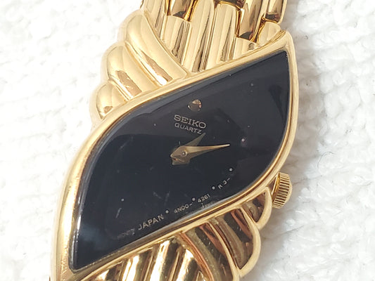 Vintage Seiko Half Moon Women's Watch Black Dial Gold Tone Base Metal S Steel