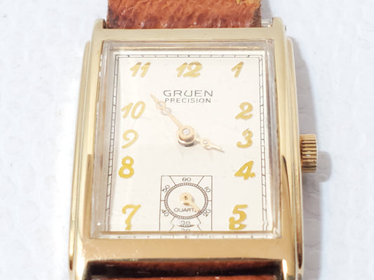 Vintage Gruen Precision Women's Tank Watch Gold Plated One Jewel Brown Leather