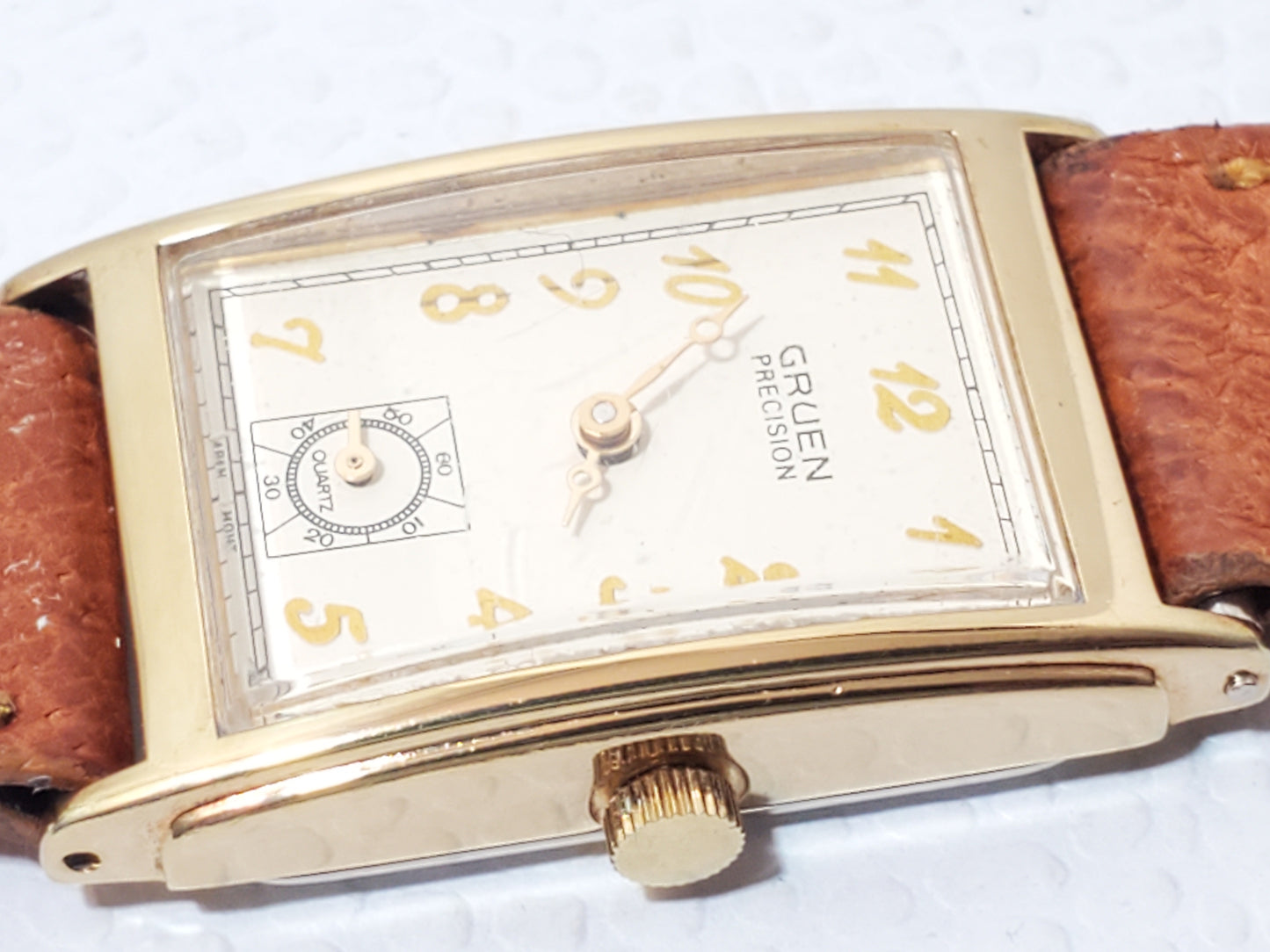 Vintage Gruen Precision Women's Tank Watch Gold Plated One Jewel Brown Leather