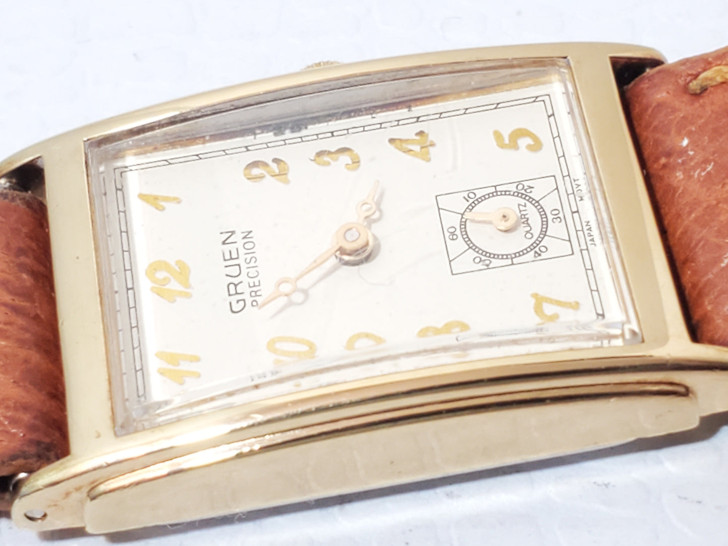 Vintage Gruen Precision Women's Tank Watch Gold Plated One Jewel Brown Leather