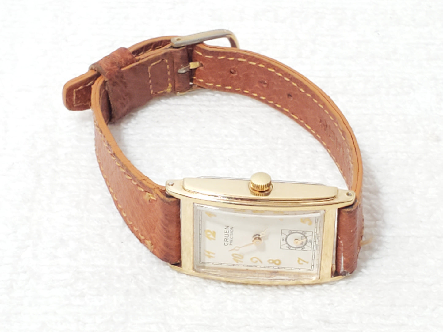 Vintage Gruen Precision Women's Tank Watch Gold Plated One Jewel Brown Leather