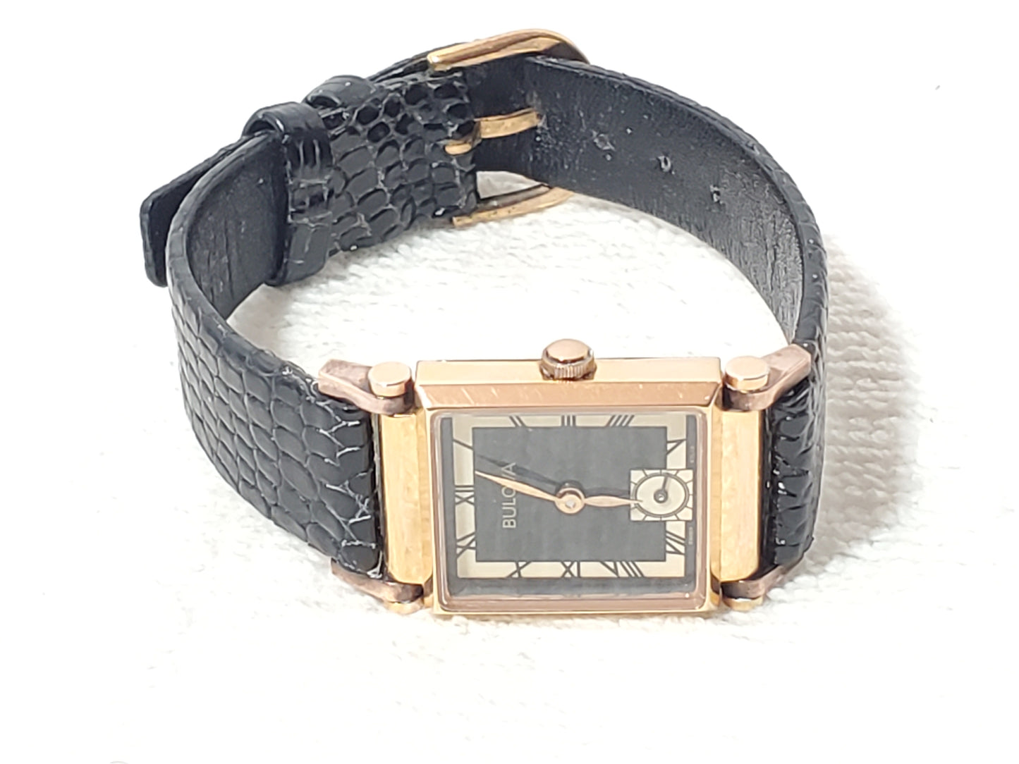 Vintage Bulova Swiss Womens Tank Watch 15 Jewels Rose Gold Plated Roman Numerals