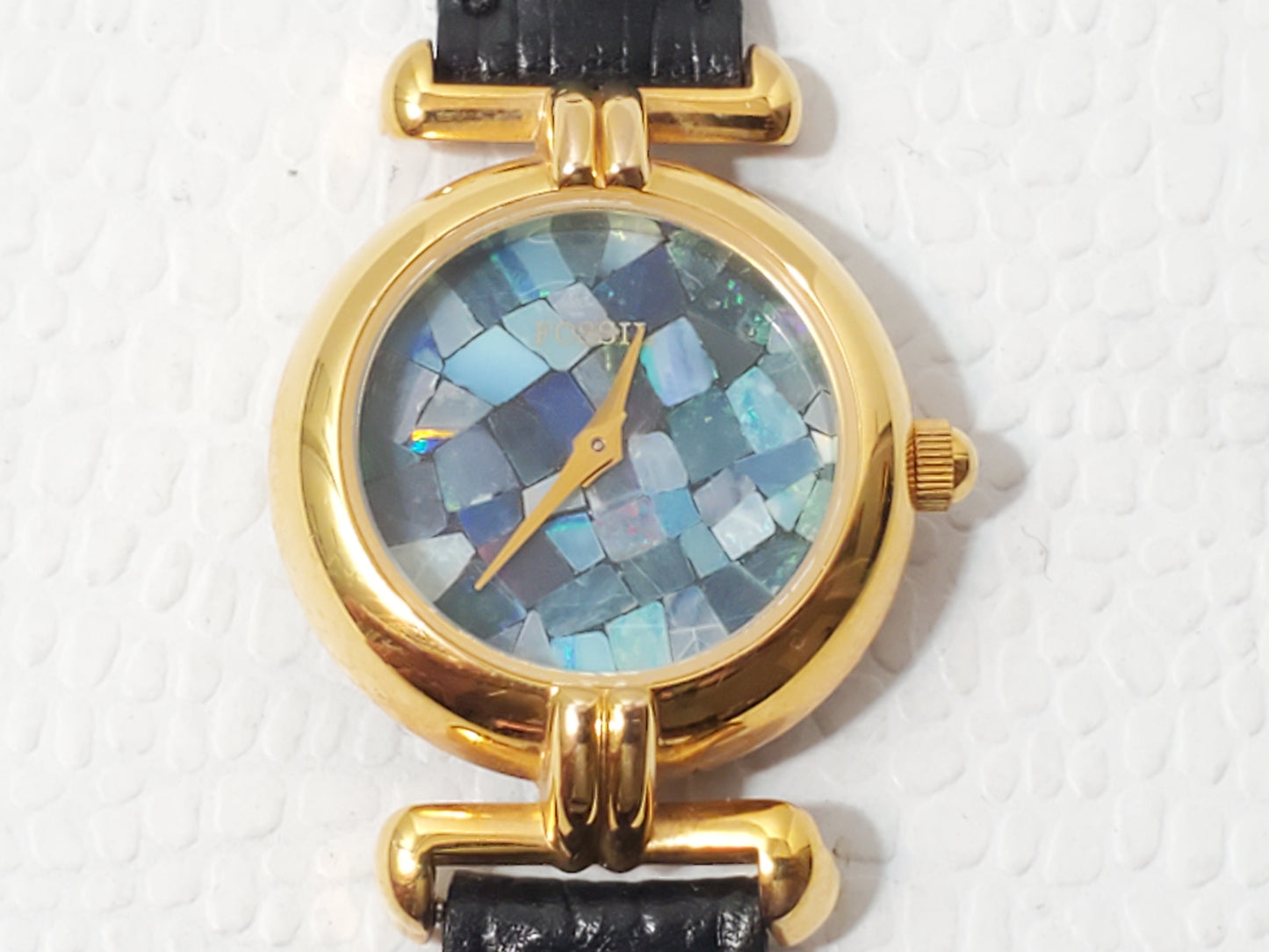 Vintage Fossil Mosaic Blue Dial Women's Gold Tone Watch Black Leather Strap