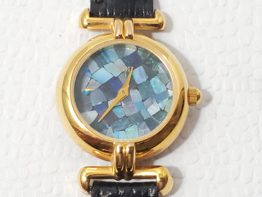Vintage Fossil Mosaic Blue Dial Women's Gold Tone Watch Black Leather Strap