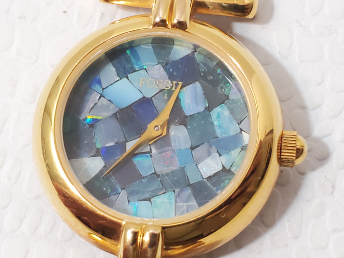Vintage Fossil Mosaic Blue Dial Women's Gold Tone Watch Black Leather Strap