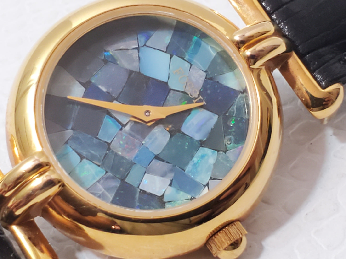 Vintage Fossil Mosaic Blue Dial Women's Gold Tone Watch Black Leather Strap
