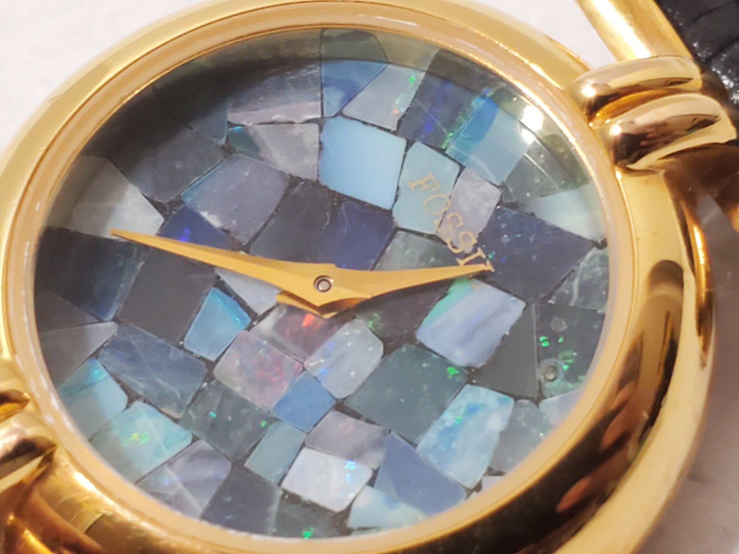 Vintage Fossil Mosaic Blue Dial Women's Gold Tone Watch Black Leather Strap