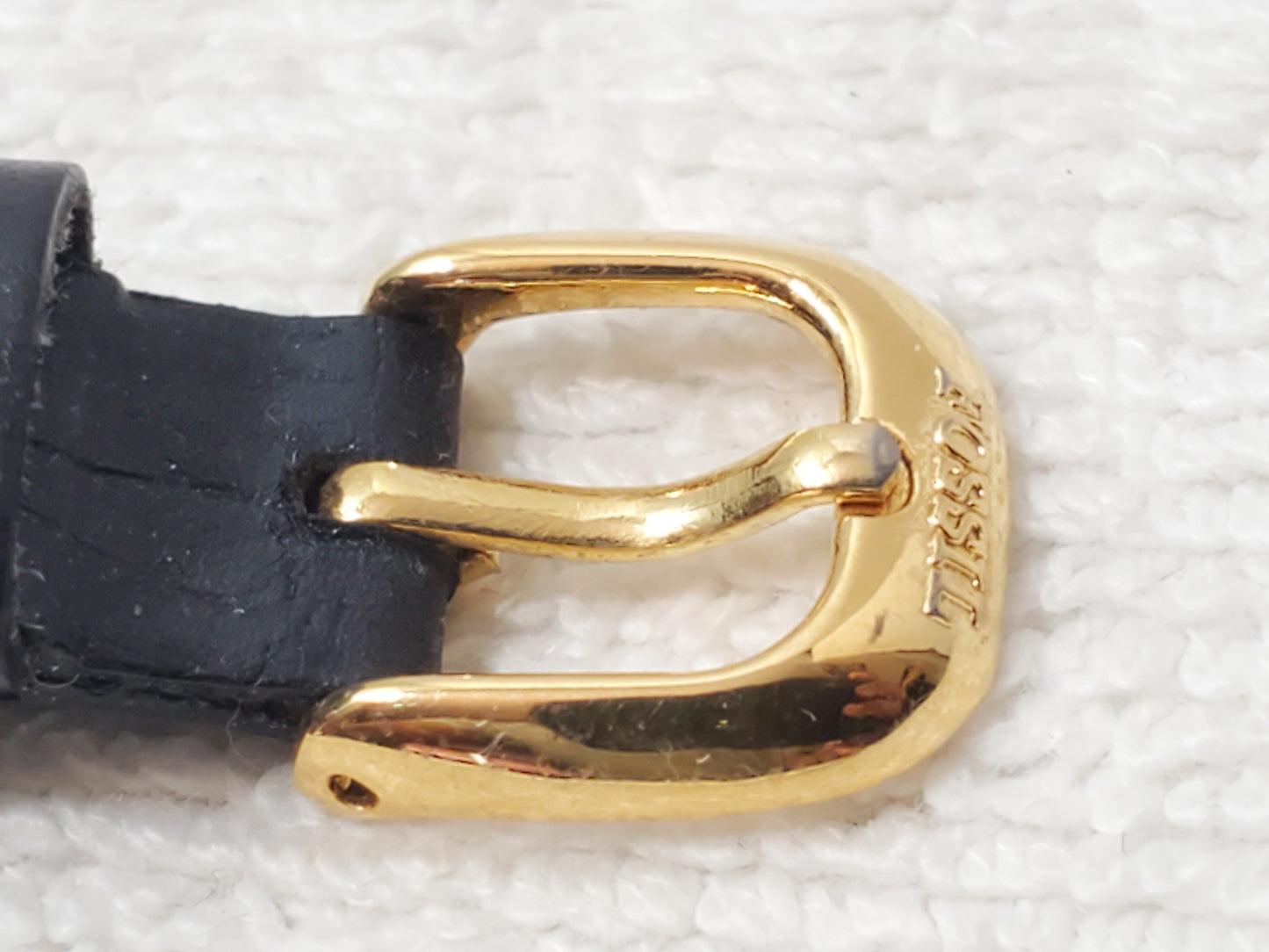 Vintage Fossil Mosaic Blue Dial Women's Gold Tone Watch Black Leather Strap