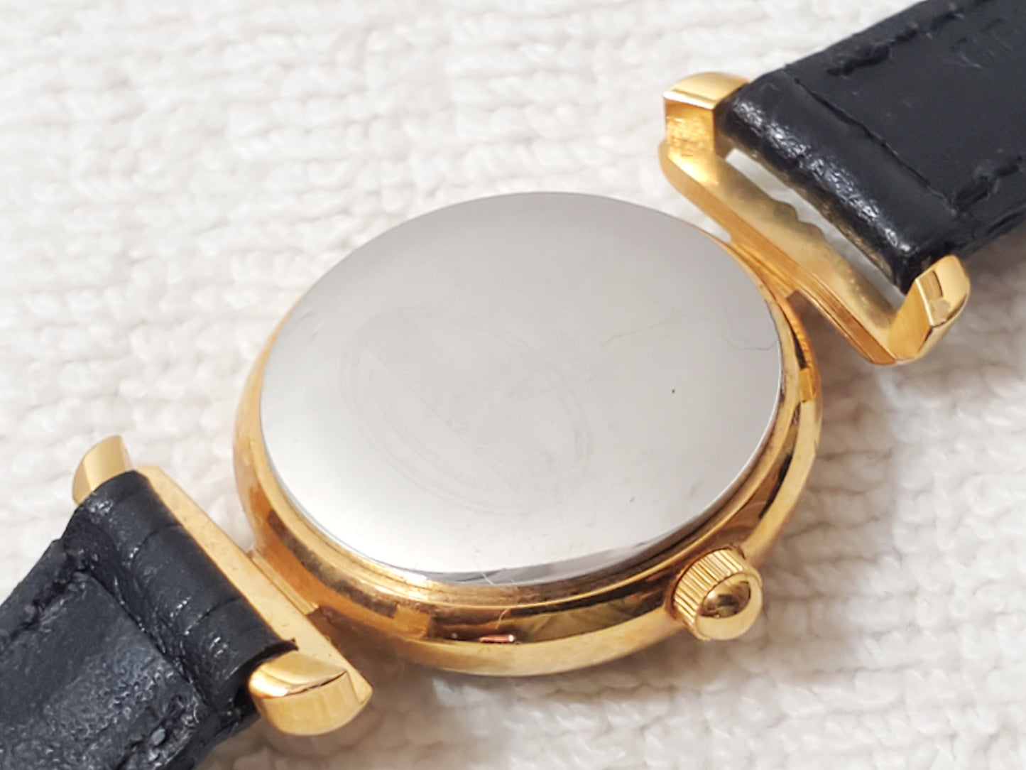 Vintage Fossil Mosaic Blue Dial Women's Gold Tone Watch Black Leather Strap