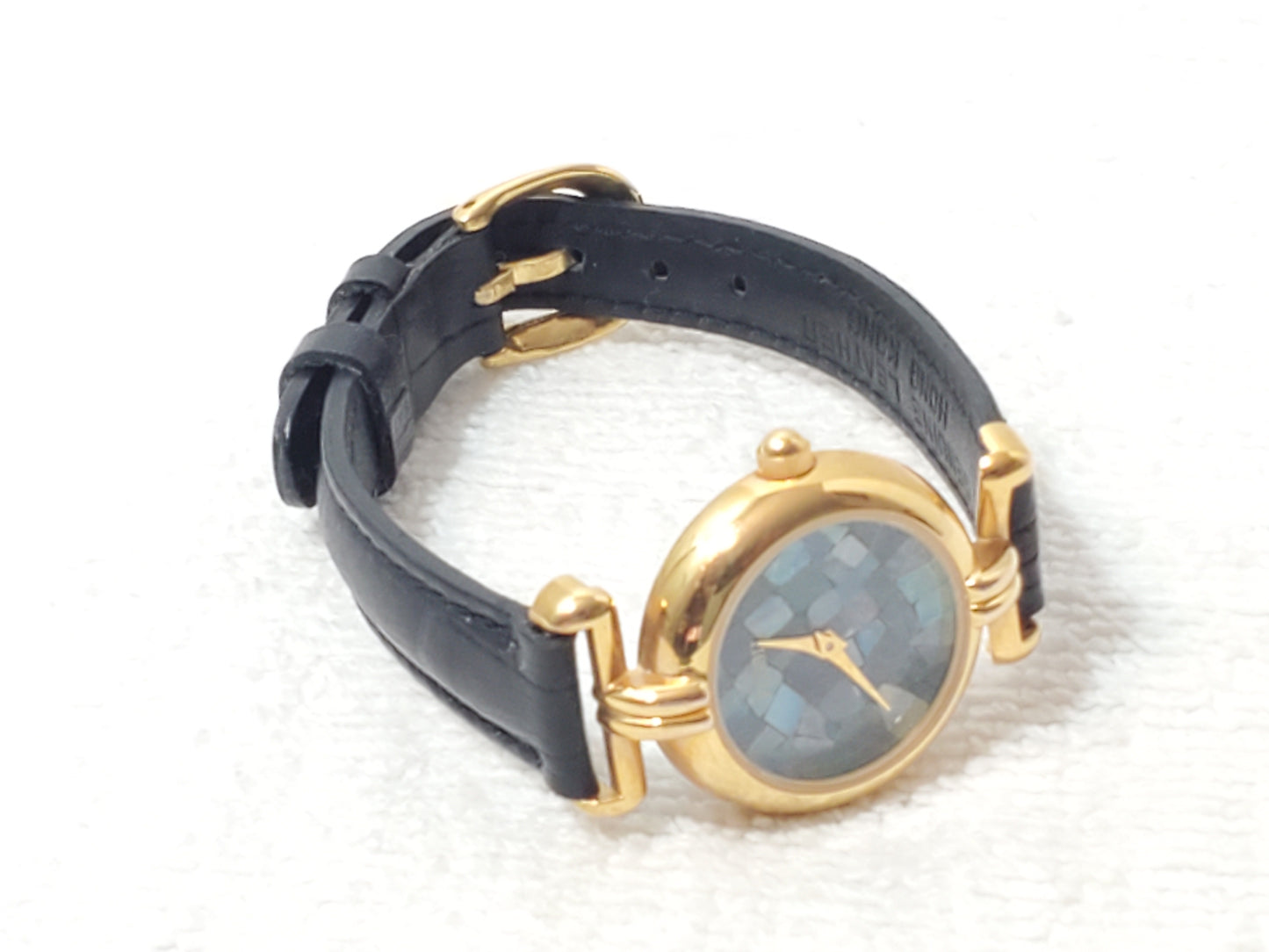Vintage Fossil Mosaic Blue Dial Women's Gold Tone Watch Black Leather Strap