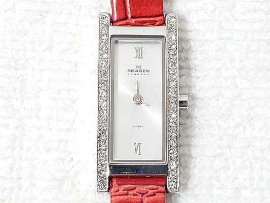 Vintage Skagen Women's Tank Petite Red Leather Strap Watch Swarovski Crystals