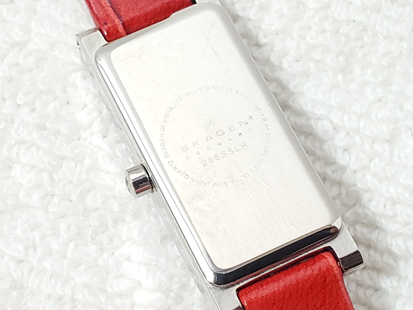 Vintage Skagen Women's Tank Petite Red Leather Strap Watch Swarovski Crystals