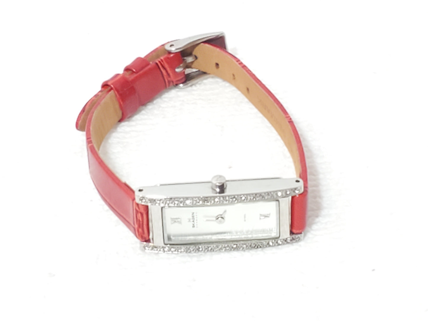Vintage Skagen Women's Tank Petite Red Leather Strap Watch Swarovski Crystals