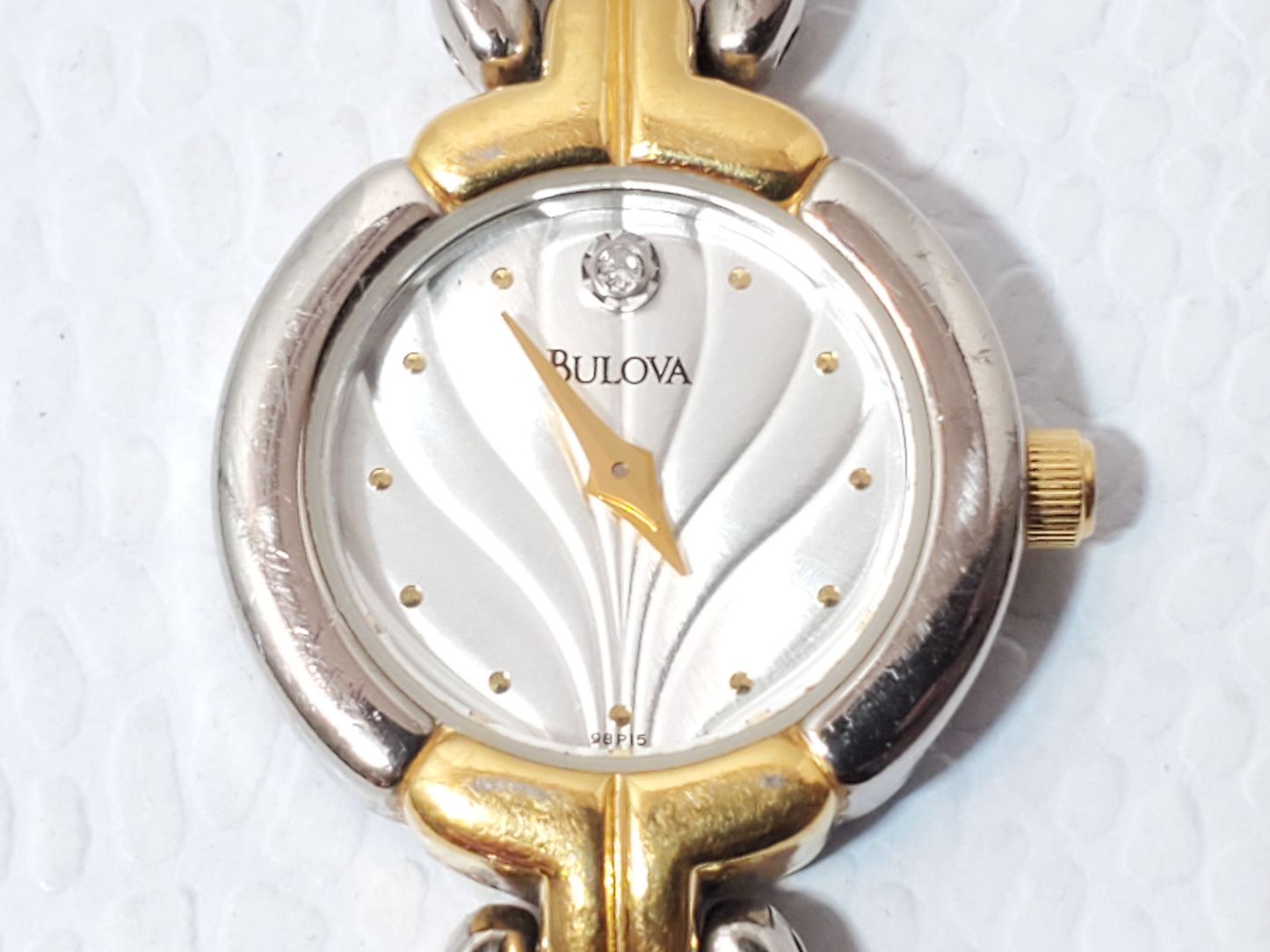 Vintage Bulova Gold Tone Stainless Steel Women's Watch Diamond Wave Siver Dial