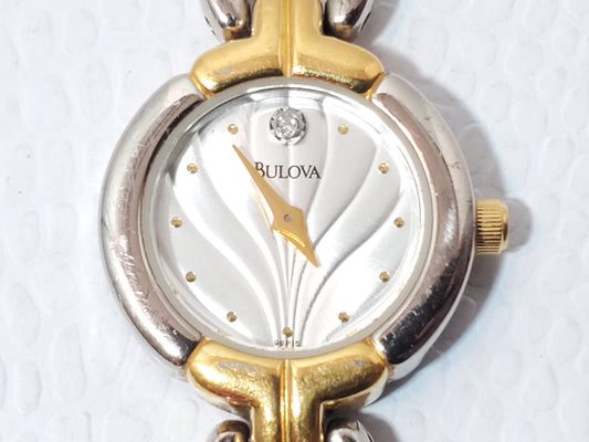 Vintage Bulova Gold Tone Stainless Steel Women's Watch Diamond Wave Siver Dial