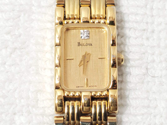 Bulova Women Tank Swiss Quartz Watch Diamond Dial Seven Jewels Gold Tone Vintage