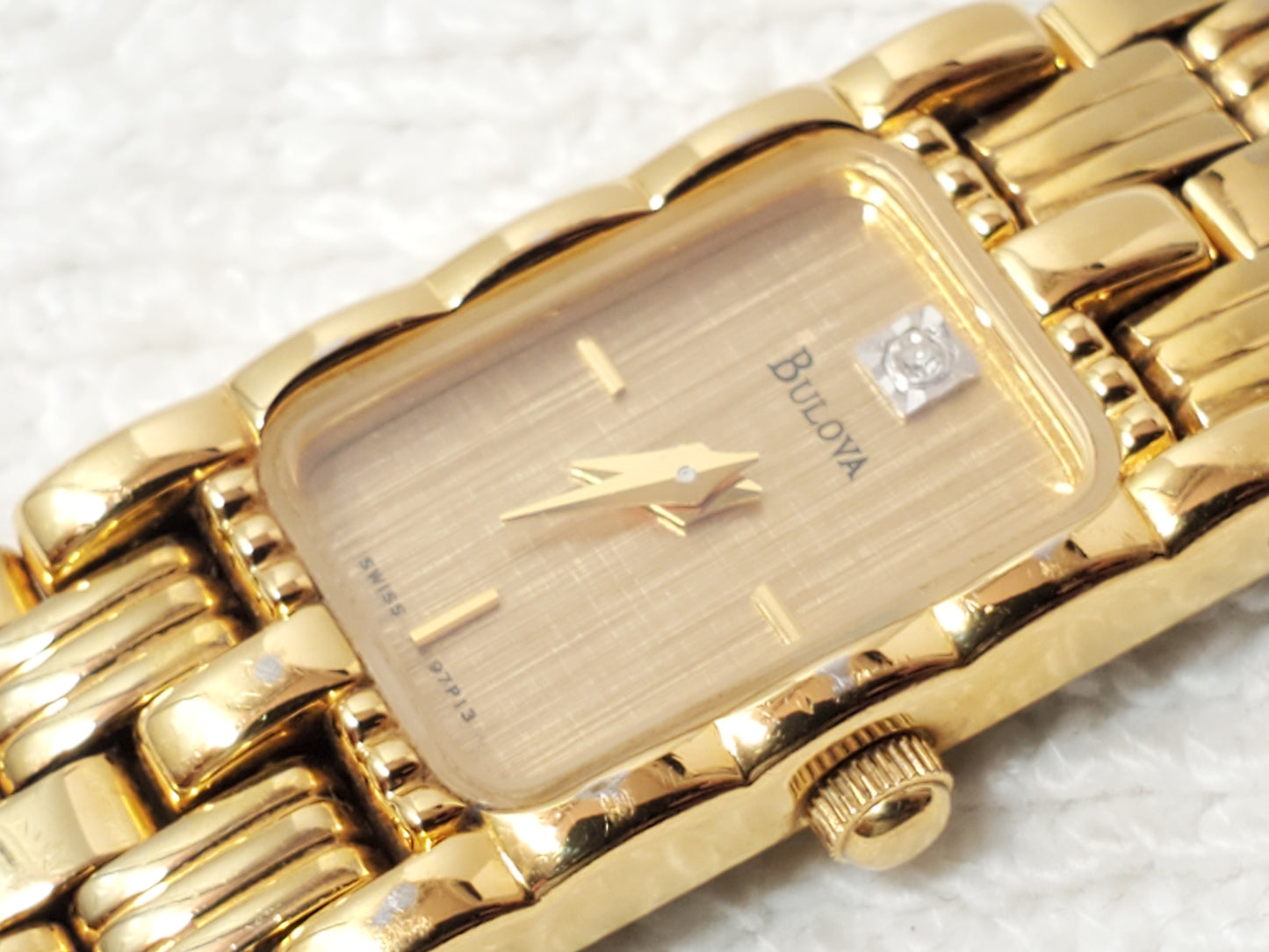 Bulova Women Tank Swiss Quartz Watch Diamond Dial Seven Jewels Gold Tone Vintage