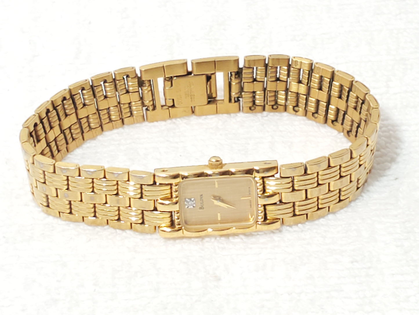 Bulova Women Tank Swiss Quartz Watch Diamond Dial Seven Jewels Gold Tone Vintage