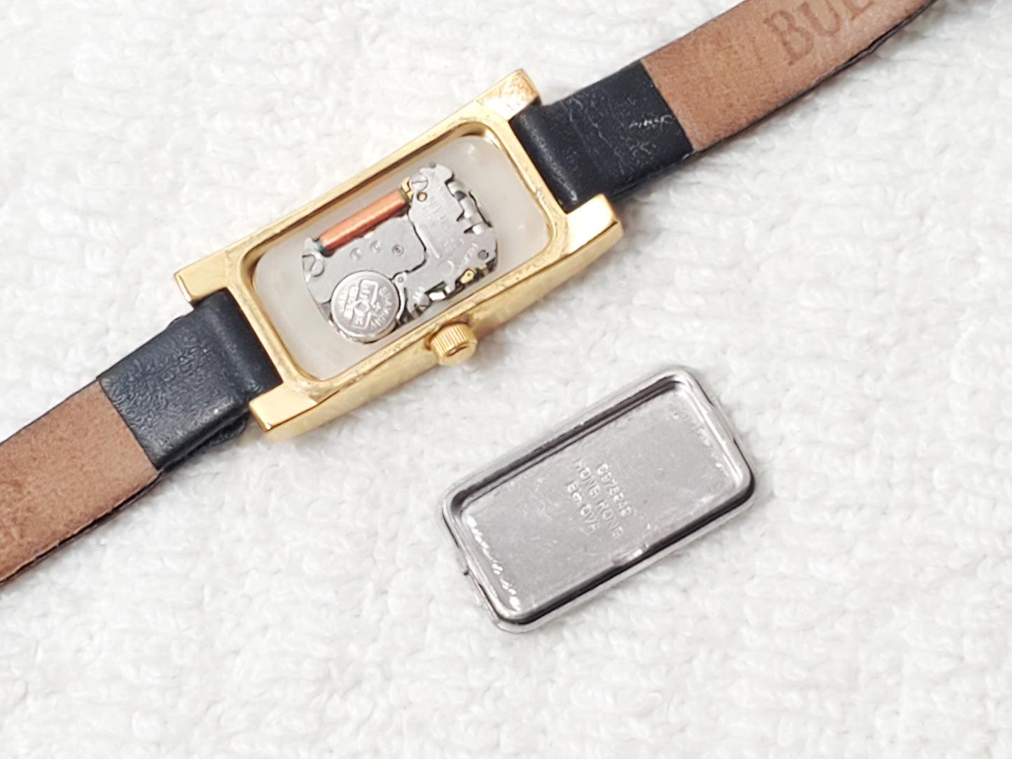 Vintage Bulova Women's Tank Petite Watch Black Dial Gold Plated Leather Strap