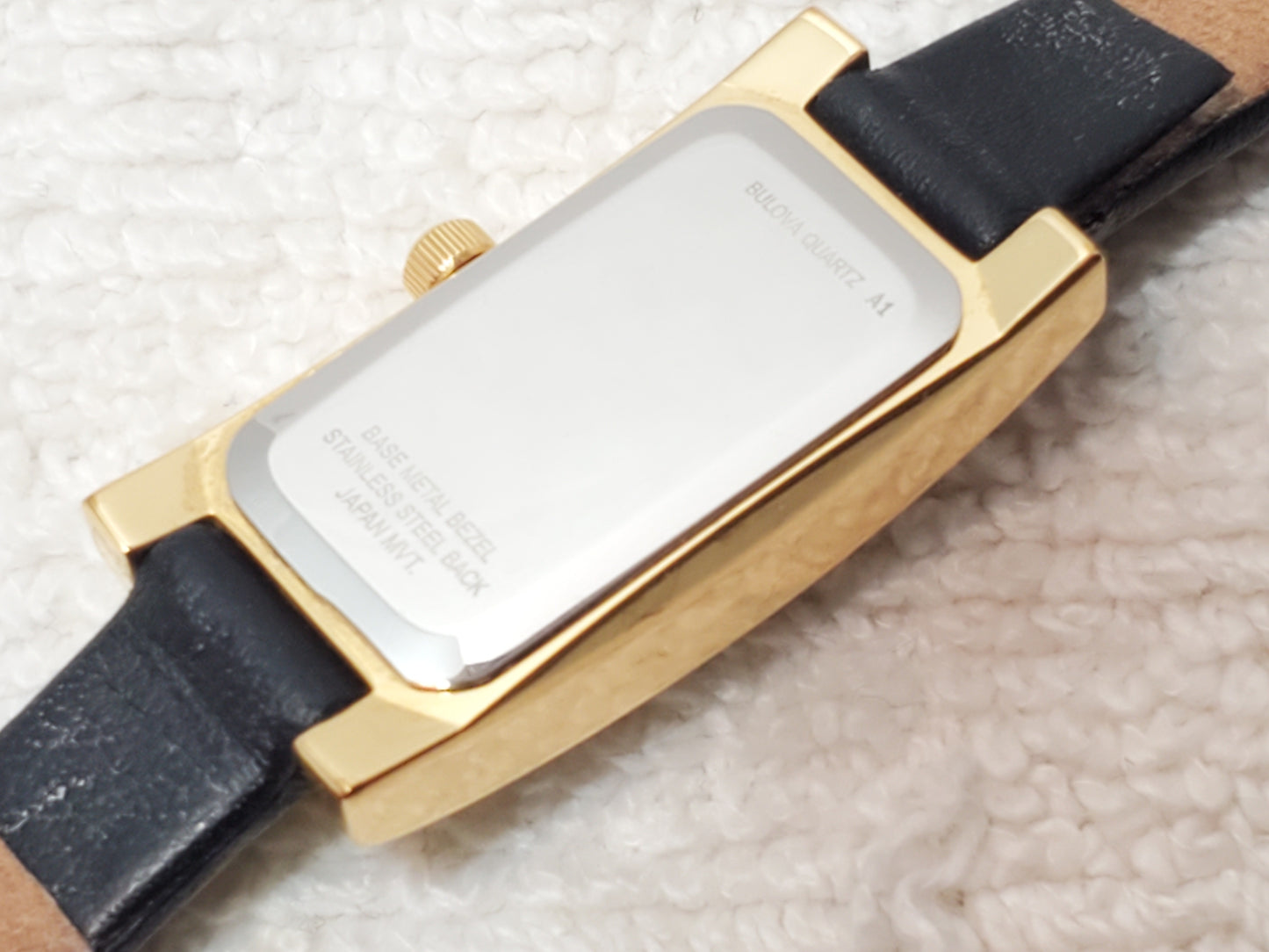Vintage Bulova Women's Tank Petite Watch Black Dial Gold Plated Leather Strap