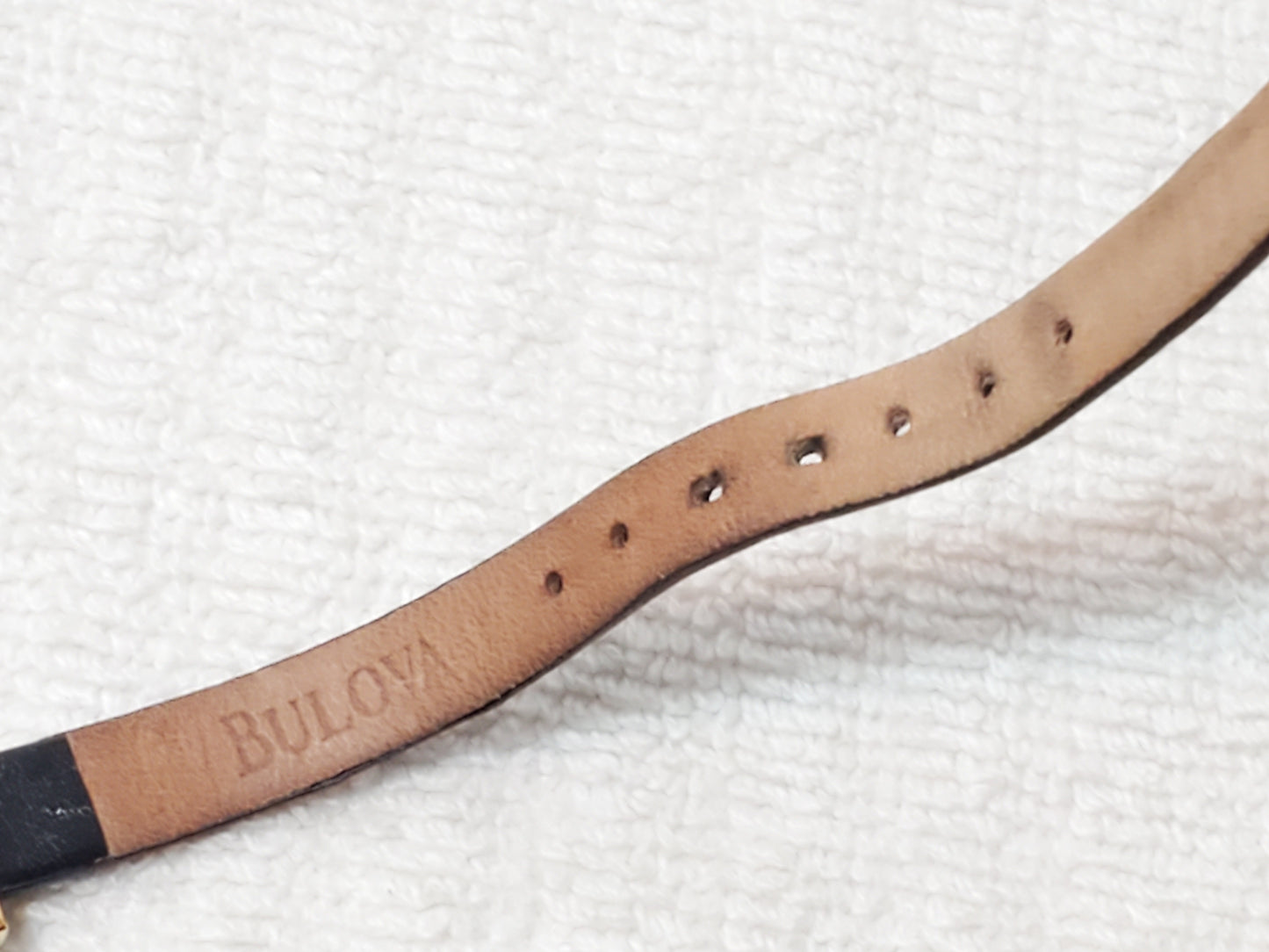 Vintage Bulova Women's Tank Petite Watch Black Dial Gold Plated Leather Strap