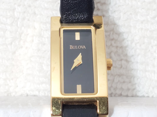 Vintage Bulova Women's Tank Petite Watch Black Dial Gold Plated Leather Strap