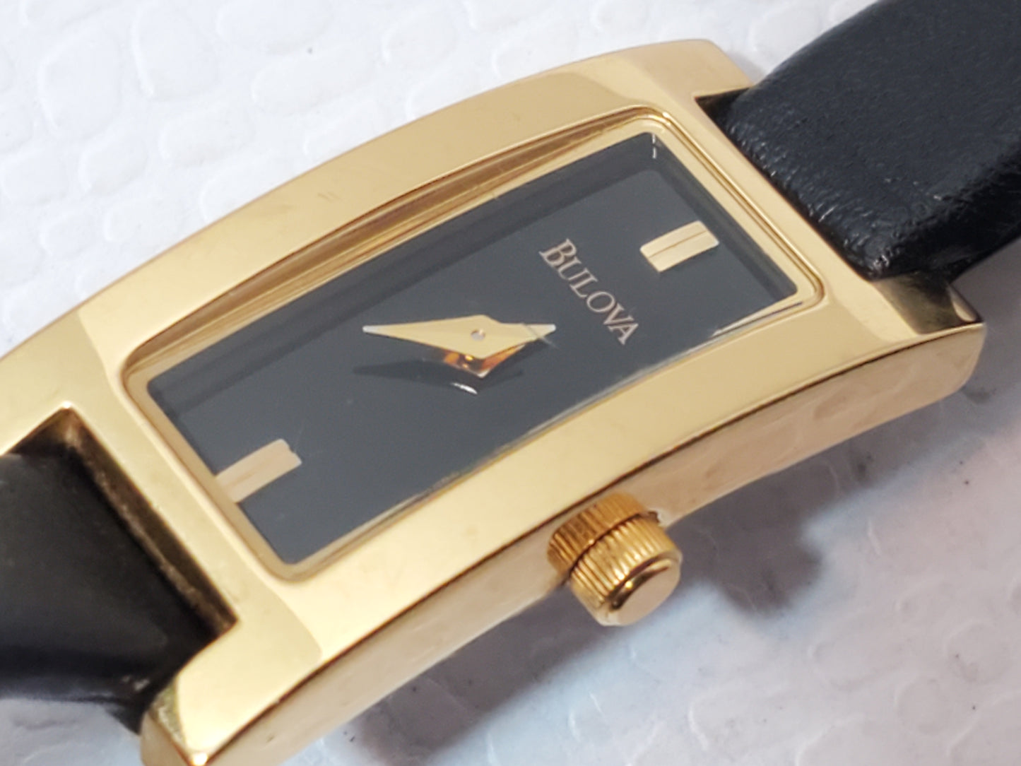 Vintage Bulova Women's Tank Petite Watch Black Dial Gold Plated Leather Strap
