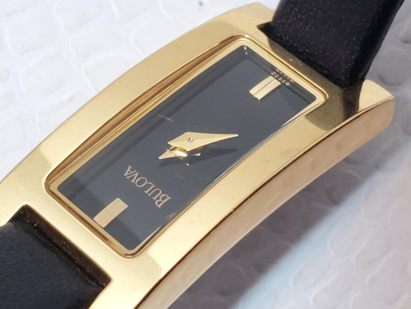 Vintage Bulova Women's Tank Petite Watch Black Dial Gold Plated Leather Strap