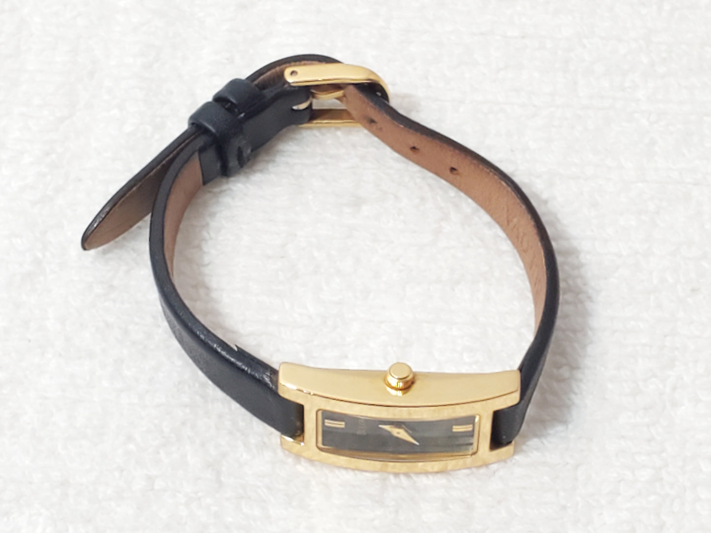Vintage Bulova Women's Tank Petite Watch Black Dial Gold Plated Leather Strap