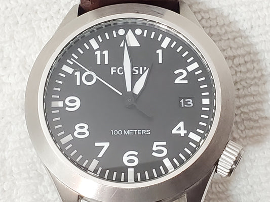 Fossil Aeroflite Men Quartz Date Watch Black Dial Brown Leather Strap 100 Meters