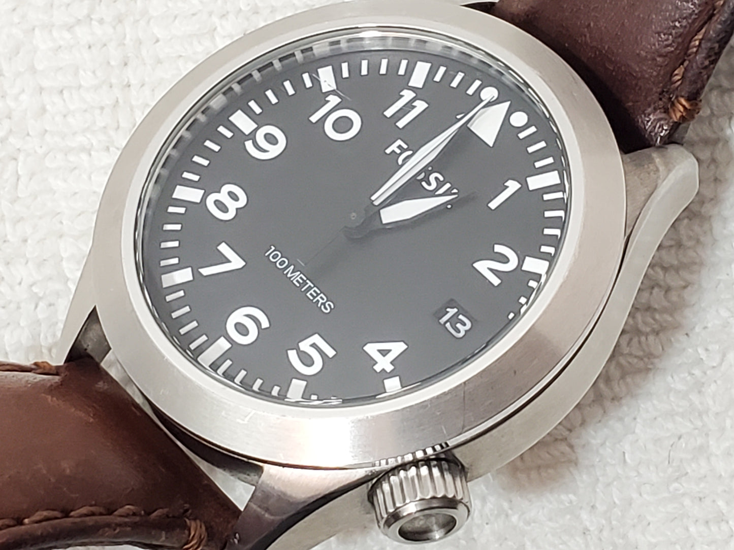 Fossil Aeroflite Men Quartz Date Watch Black Dial Brown Leather Strap 100 Meters