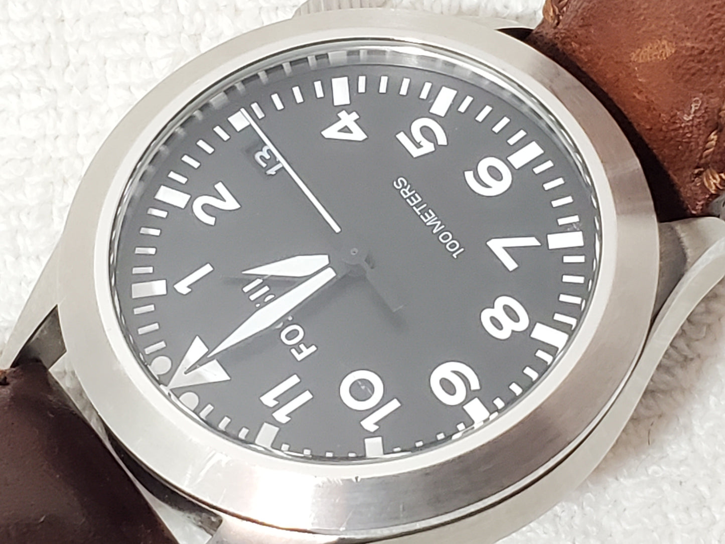 Fossil Aeroflite Men Quartz Date Watch Black Dial Brown Leather Strap 100 Meters