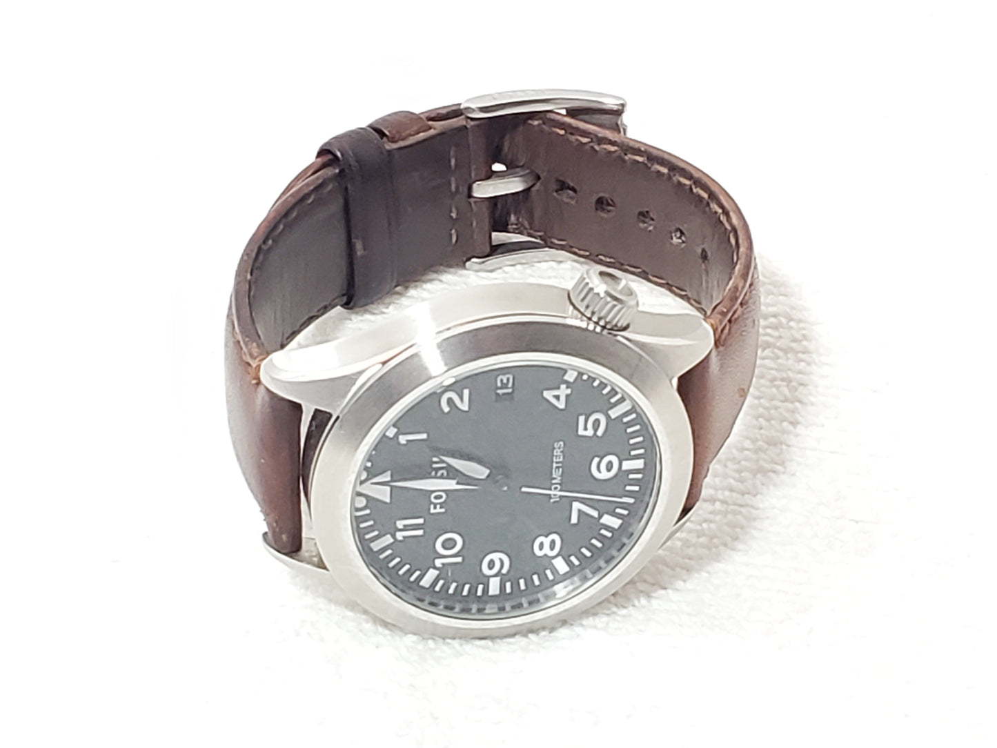 Fossil Aeroflite Men Quartz Date Watch Black Dial Brown Leather Strap 100 Meters