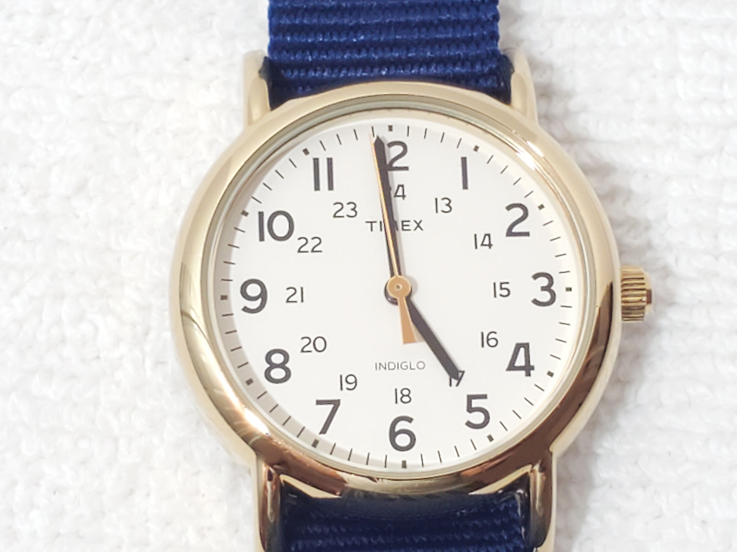 Timex Indiglo Field Watch Gold Tone White Dial Military Time Blue Nylon Strap
