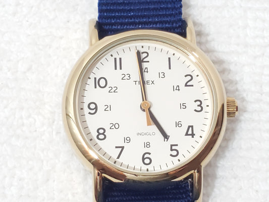 Timex Indiglo Field Watch Gold Tone White Dial Military Time Blue Nylon Strap