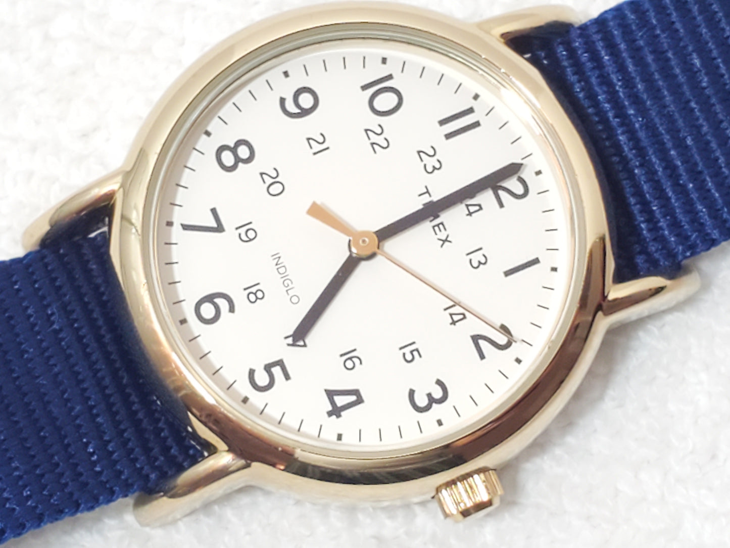 Timex Indiglo Field Watch Gold Tone White Dial Military Time Blue Nylon Strap