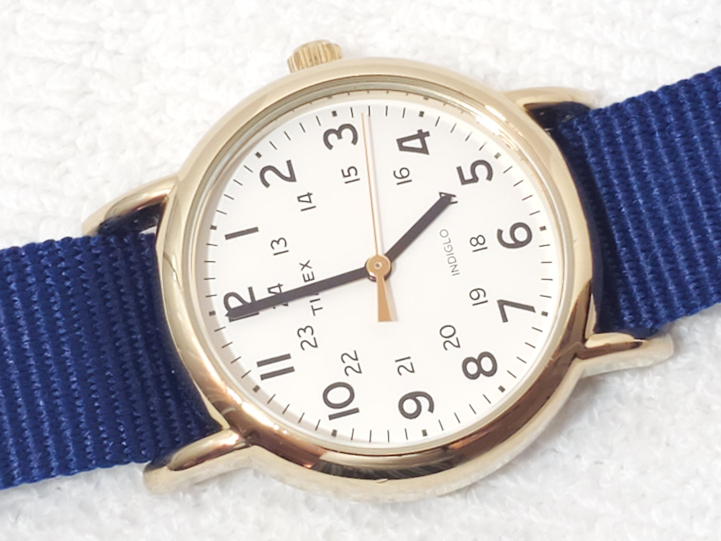 Timex Indiglo Field Watch Gold Tone White Dial Military Time Blue Nylon Strap