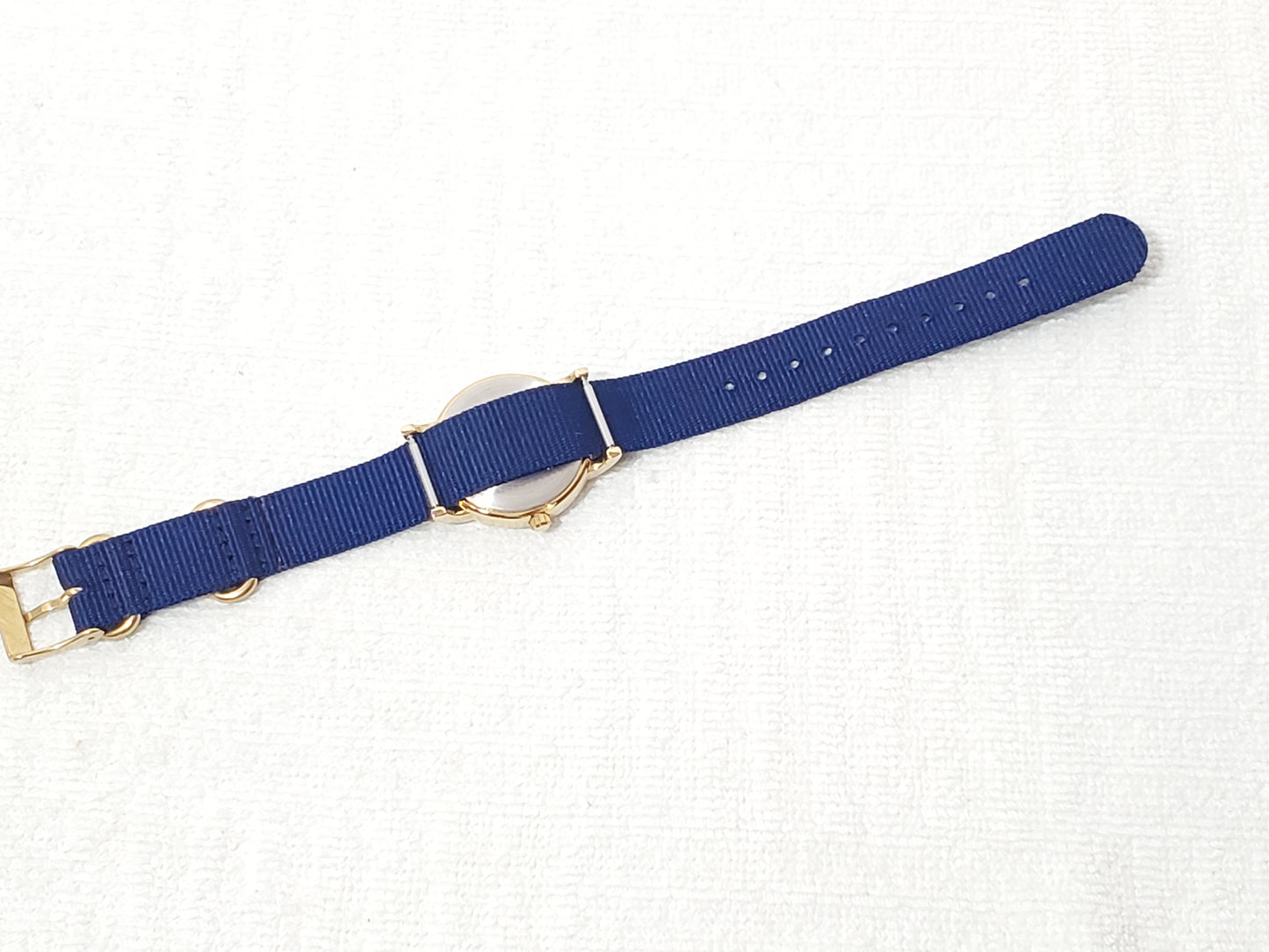 Timex Indiglo Field Watch Gold Tone White Dial Military Time Blue Nylon Strap