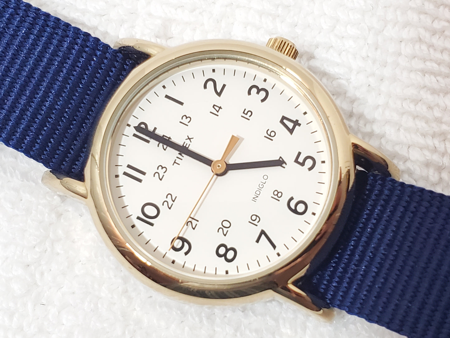 Timex Indiglo Field Watch Gold Tone White Dial Military Time Blue Nylon Strap